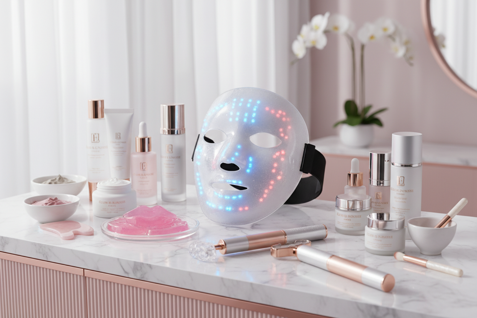 plus des soins et un masque led et batons de cryothérapie pour le visage et des lèvres pour le masque des levres hydratantes